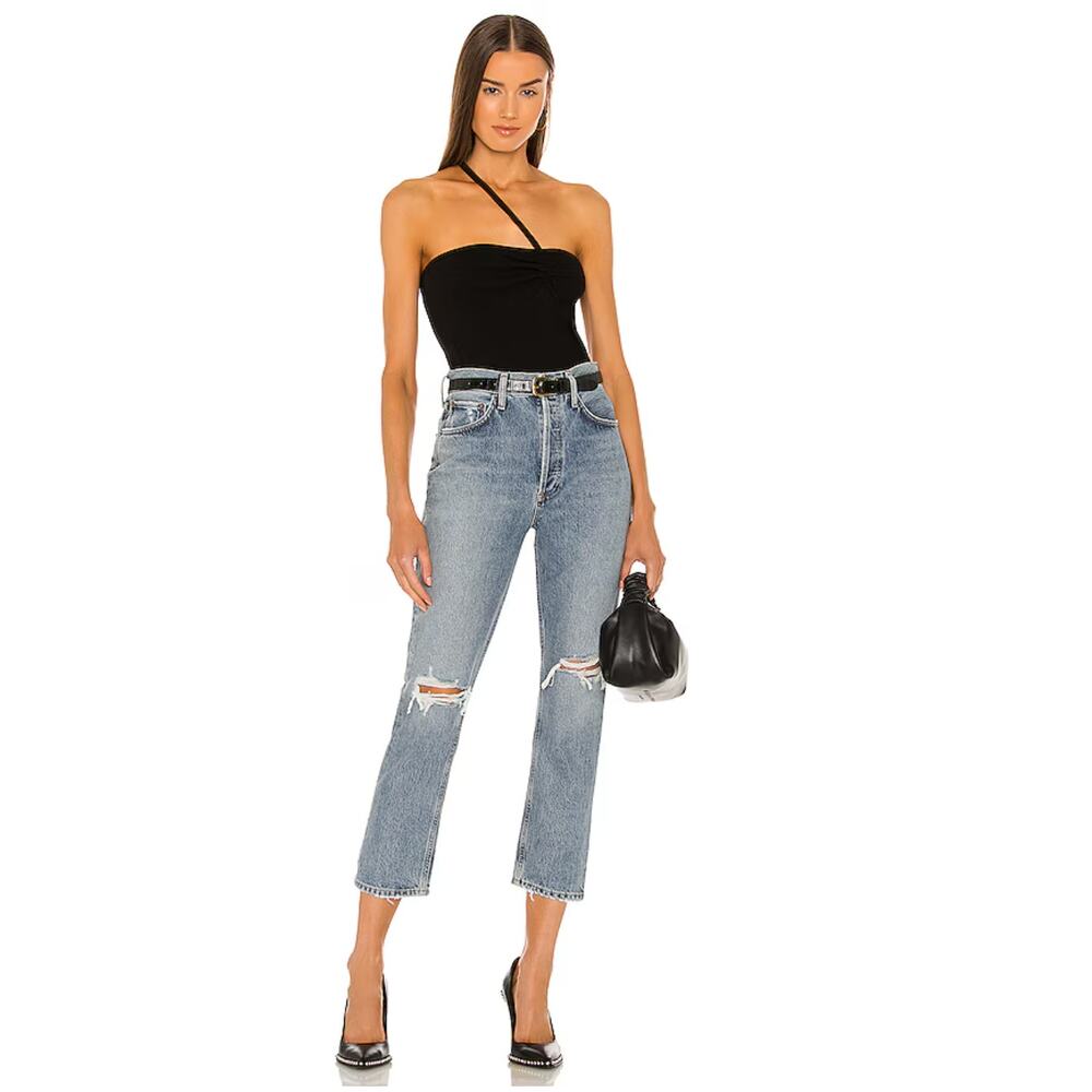 Agolde Light Blue Straight Leg Jeans with Knee Rips